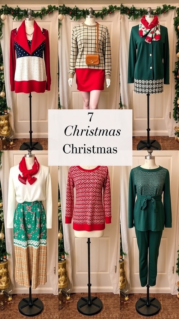 A collection of seven festive Christmas outfits for each day of the week, showcasing stylish holiday fashion.